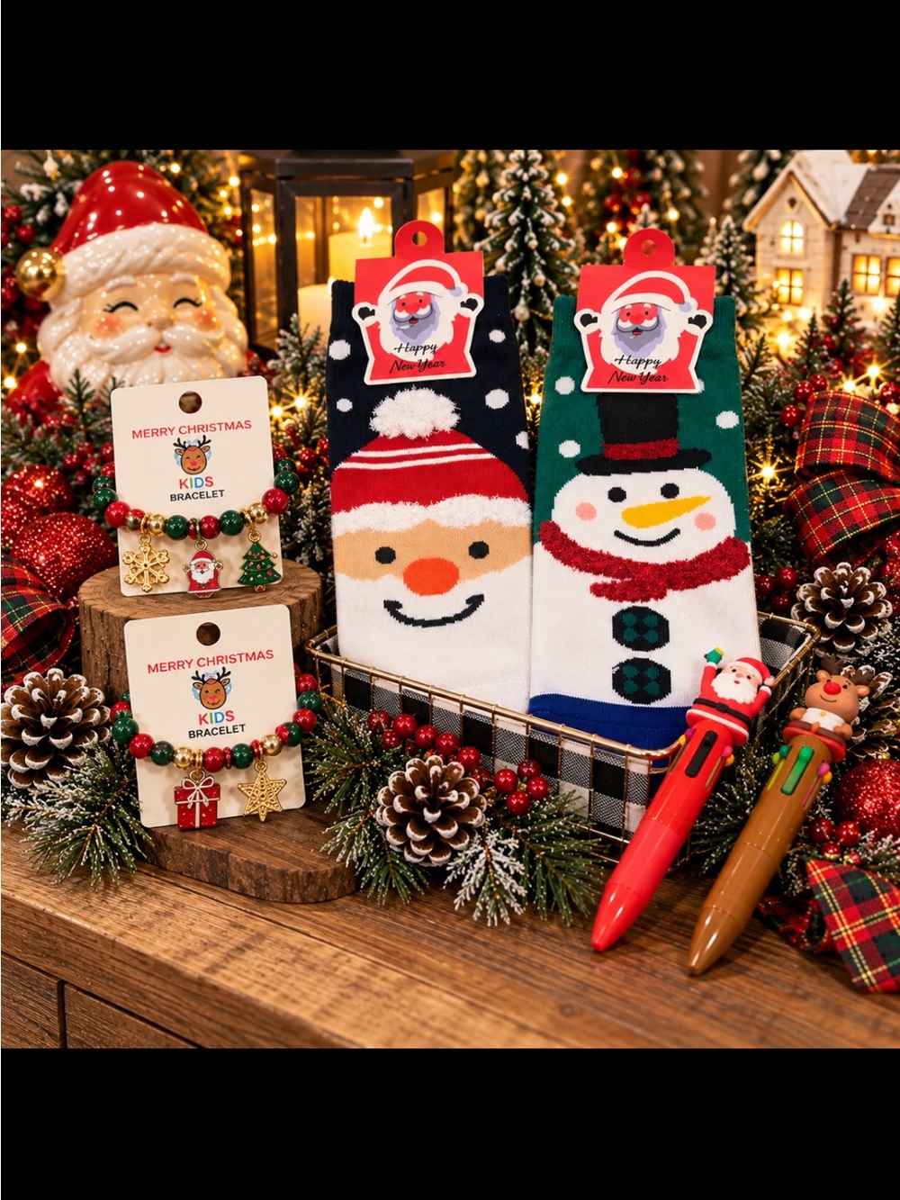 Holiday Bundle Kids Snowman & Santa Socks Set - 2 Bracelets and 2 Pens